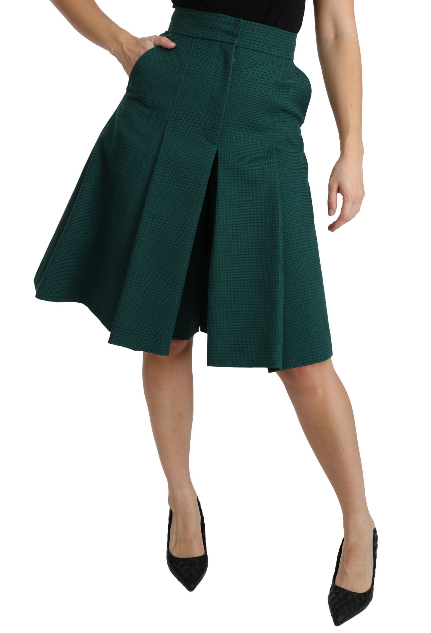 Green Pleated A-line High Waist Cotton Skirt