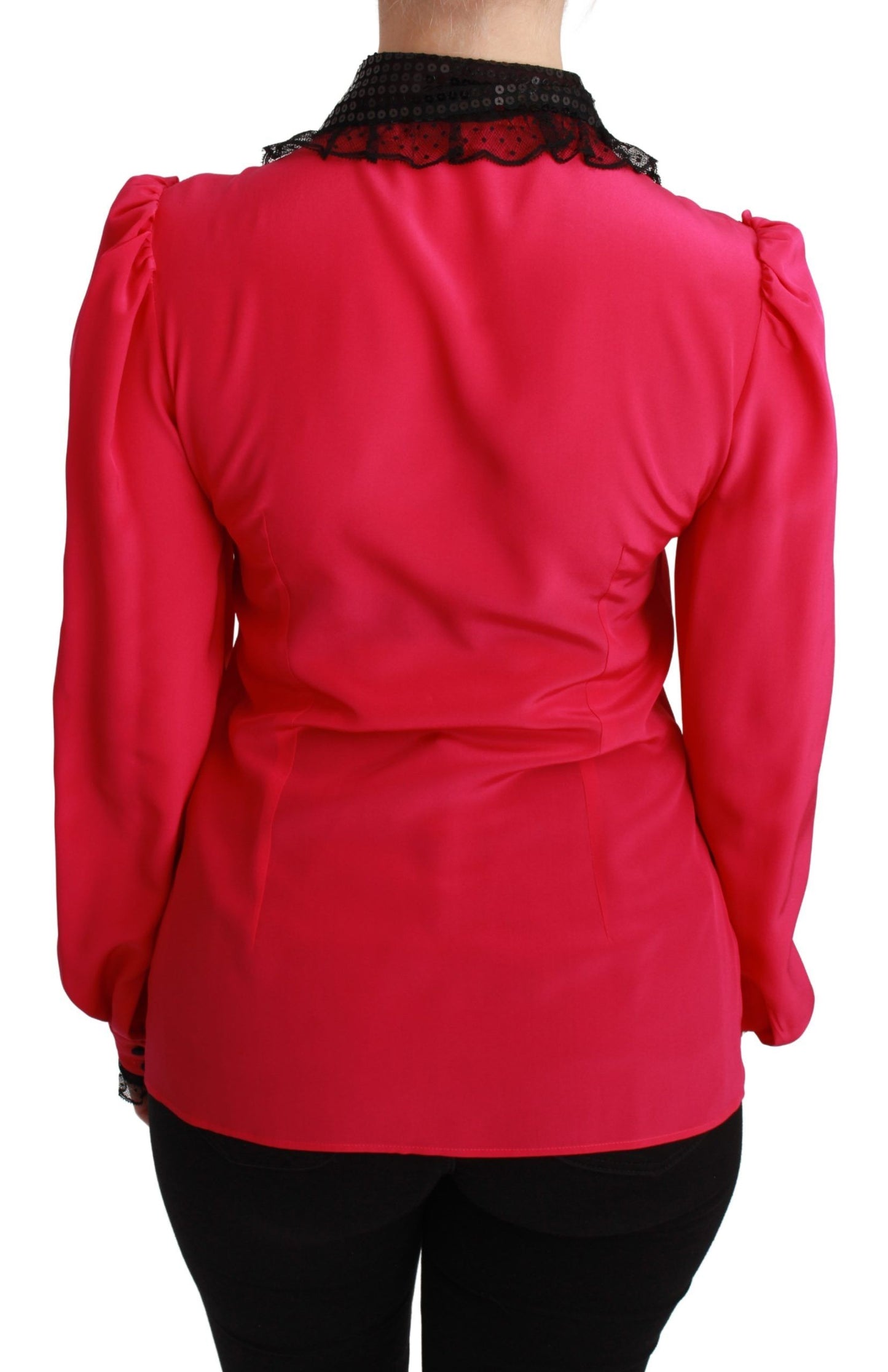 Pink Silk Black Sequin Lace Shirt Blouse