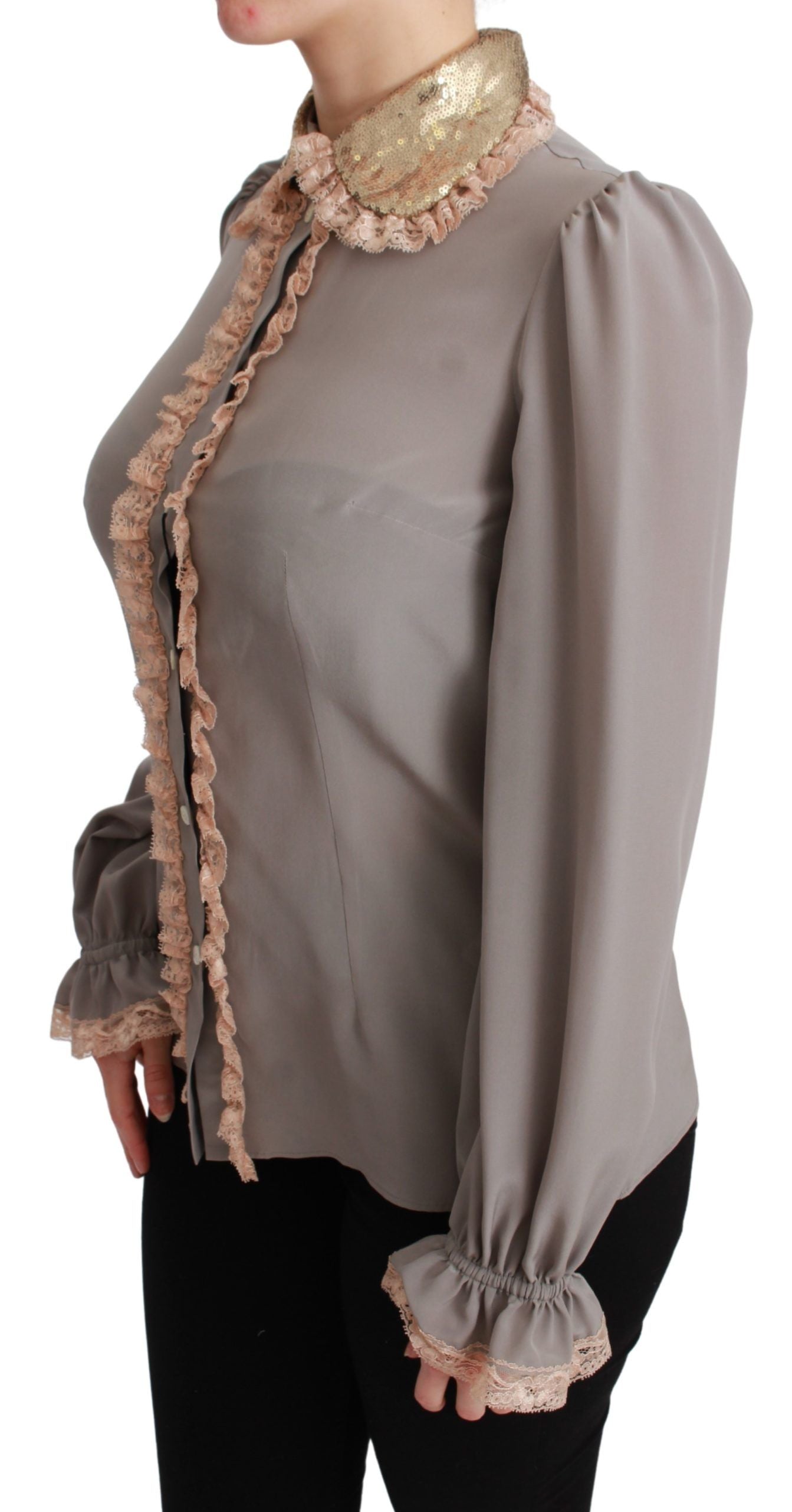 Gray Silk Gold Sequin Lace Blouse Shirt