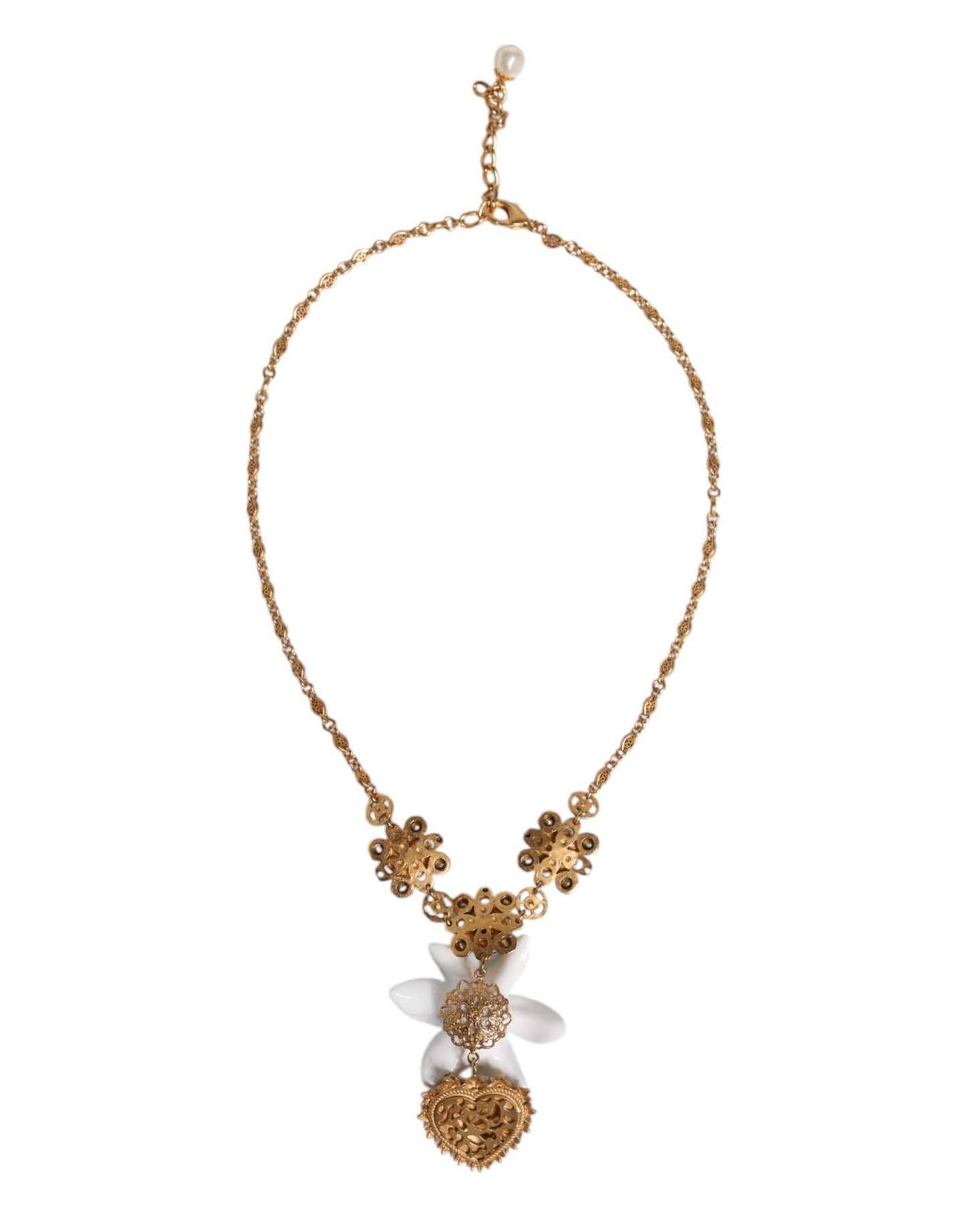 Gold Brass Lily Crystal Sacred Heart Pendant Necklace