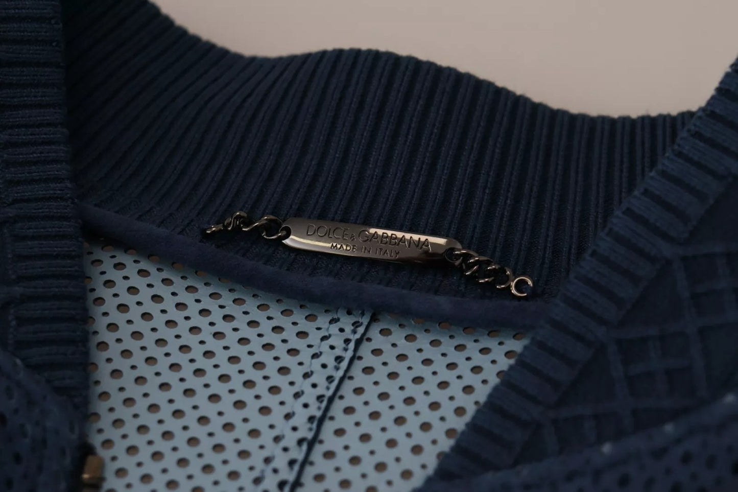 Blue Leather Perforated Full Zip Jacket