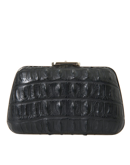 Black Exotic Skin Leather Shoulder Crossbody Box Clutch Bag