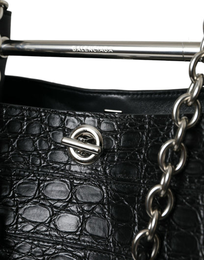 Black Exotic Skin Leather Maxi Bucket Tote Purse Bag