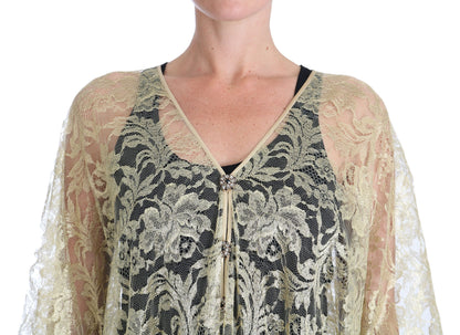 Gold Floral Lace Crystal Gown Cape Dress