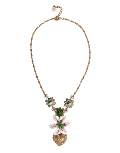 Gold Brass Lily Crystal Sacred Heart Pendant Necklace