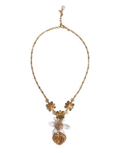 Gold Brass Lily Crystal Sacred Heart Pendant Necklace