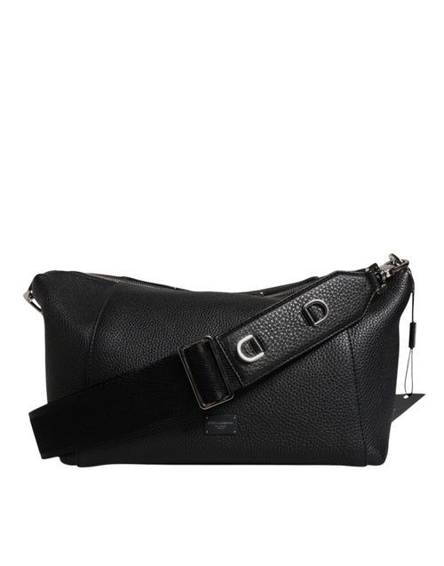 Black Leather Logo Plaque Shoulder Crossbody Bag