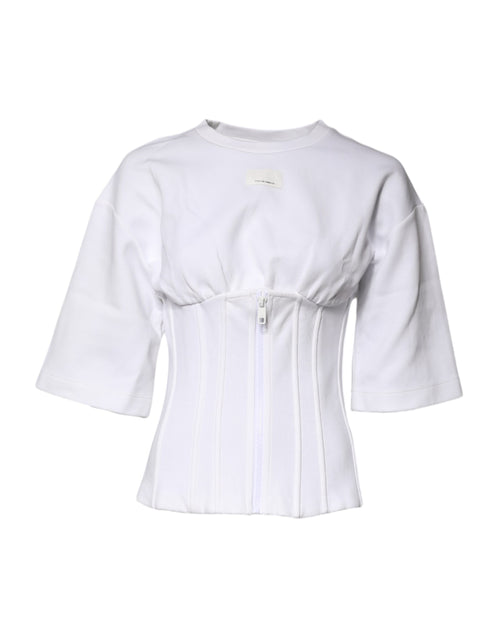 White Cotton Blend 3/4 Sleeves Blouse Top