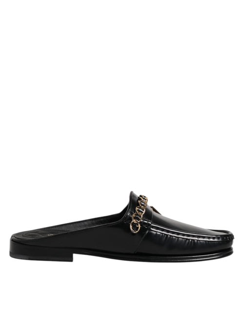 Black Leather DG Chain Embellished Sandals Shoes