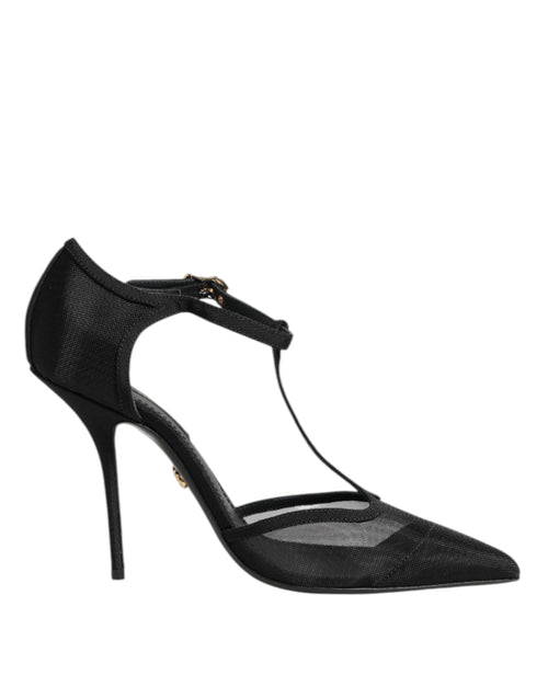 Black Mesh T-strap Stiletto High Heels Shoes